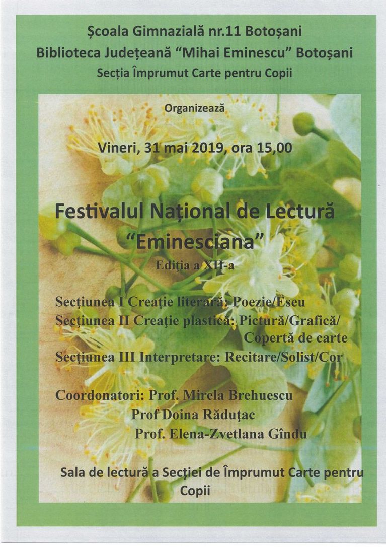 Şcoala 11 organizează o nouă ediţie a Festivalului Naţional “Eminesciana”