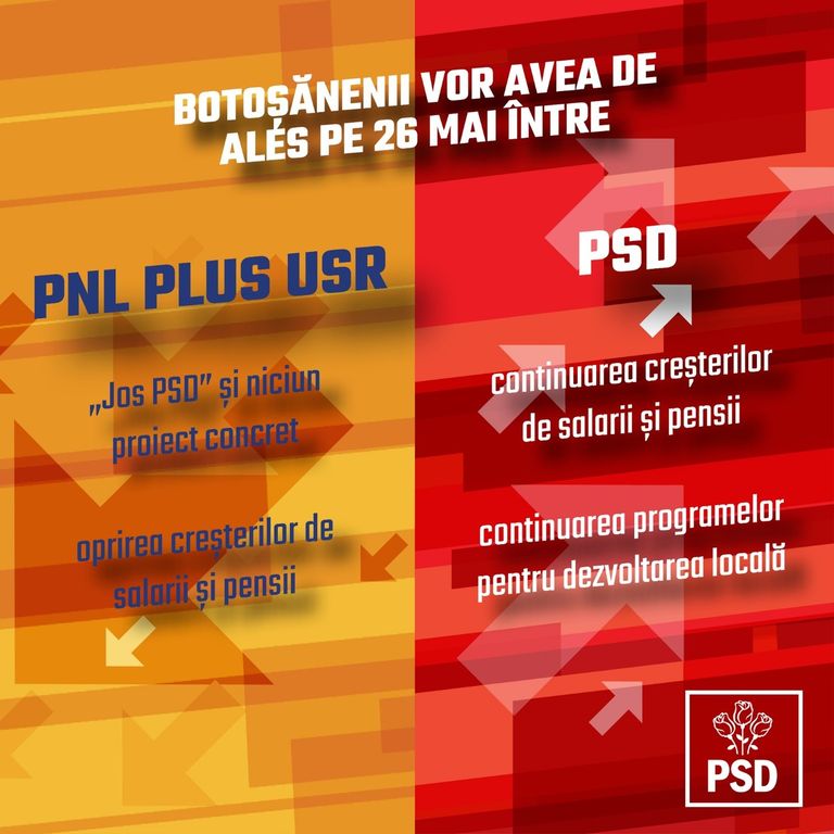 Botoşănenii au de ales între continuarea majorărilor de venituri şi investiţii începute de PSD şi proiectul „Jos PSD” al PNL  (PE)