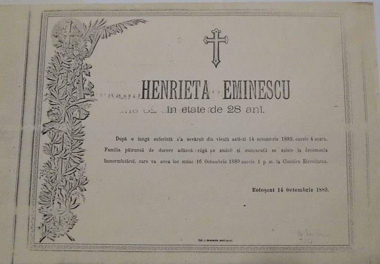 Din patrimoniul Memorialului Ipotești – fila din Registrul Stării Civile și anunțul de deces al Hanrietei
