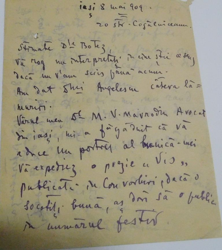 Din patrimoniul Memorialului Ipotești – scrisoarea lui Victor Eminescu din 8 mai 1909 adresată lui Corneliu Botez