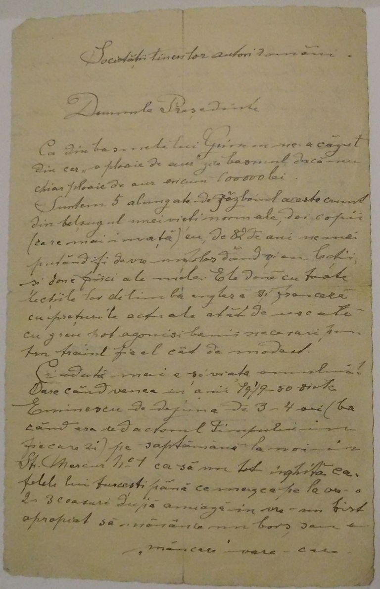 Din Patrimoniul Memorialului Ipotești – scrisoarea Liviei Maiorescu-Dymsza, adresată Societății tinerilor autori români