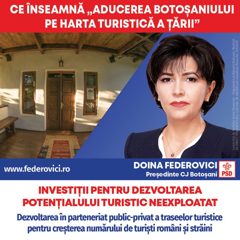 Comunicat PSD – Doina Federovici: La Consiliul Județean voi repune Botoșaniul pe harta turistică a României prin valorificarea turismului cultural, ecumenic și al tradițiilor meșteșugărești