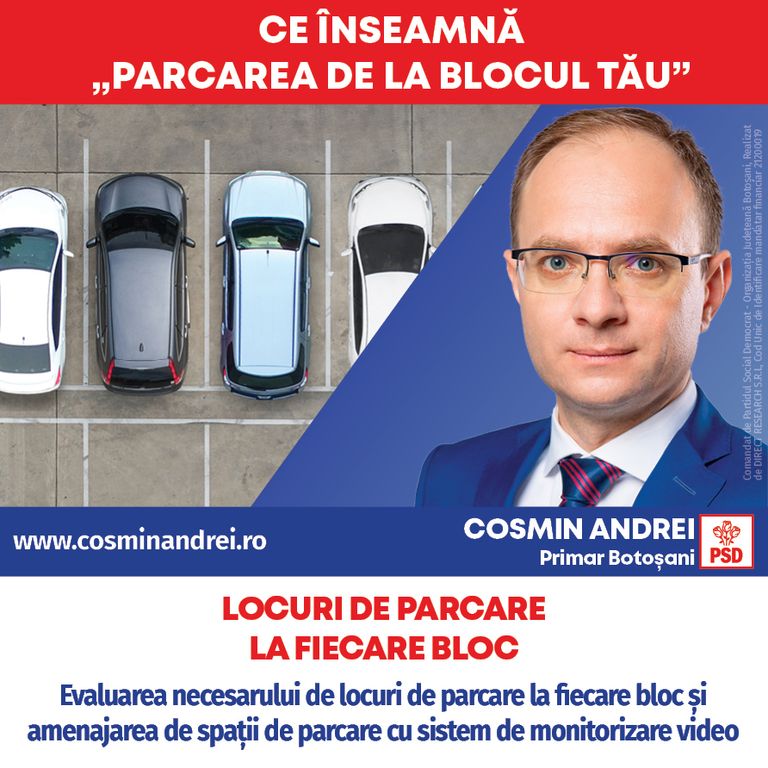 Comunicat PSD:  Cosmin Andrei a lansat programul „Parcarea de la blocul tău” împreună cu proiectul „Parking supraetajat la Botoșani”