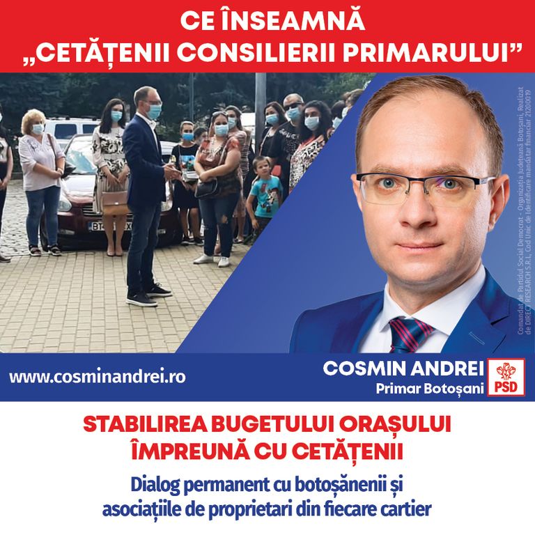 Comunicat PSD: Cosmin Andrei – „Cel mai bun consilier al unui primar este cetățeanul. Bugetul de investiții al orașului îl voi stabili în fiecare an cu botoșănenii!”