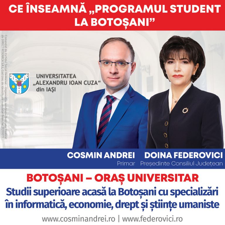Comunicat PSD: Cosmin Andrei: „Am început identificarea spațiilor pentru găzduirea în Botoșani a facultăților de la Universitatea Alexandru Ioan Cuza din Iași”