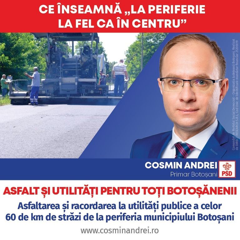 Comunicat PSD: Cosmin Andrei: Am pregătit programul: „La periferie, la fel ca în centru”, asfaltare și racordare la utilități a zonelor de la marginea Botoșaniului