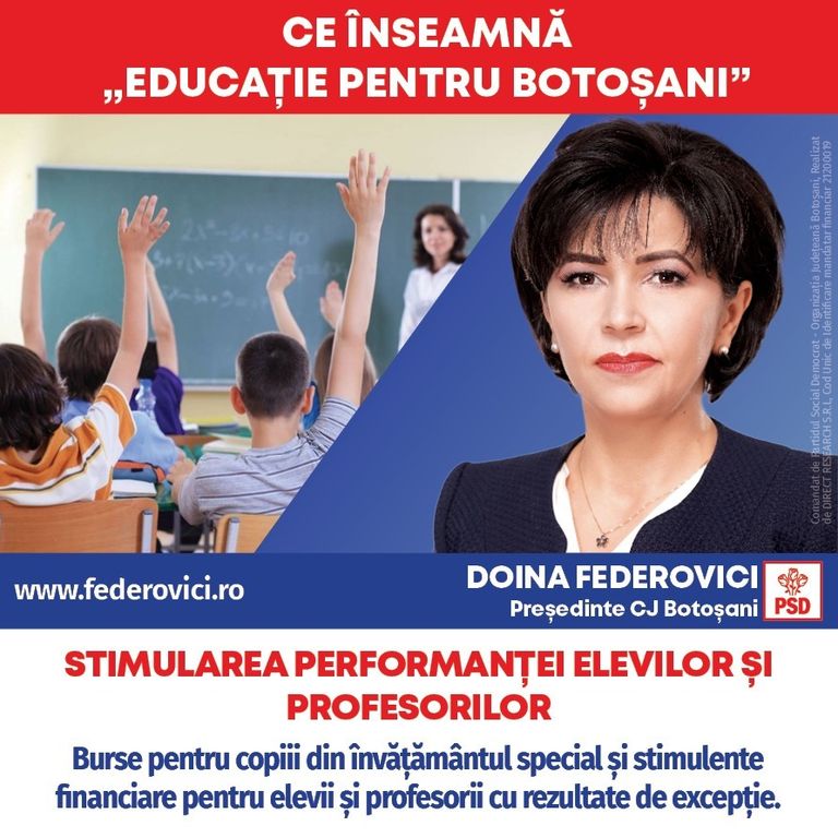 Comunicat PSD: Doina Federovici – „Bursele suplimentare pentru copiii din învățământul special și stimulentele pentru elevii și profesorii cu performanțe deosebite sunt prioritățile mele”