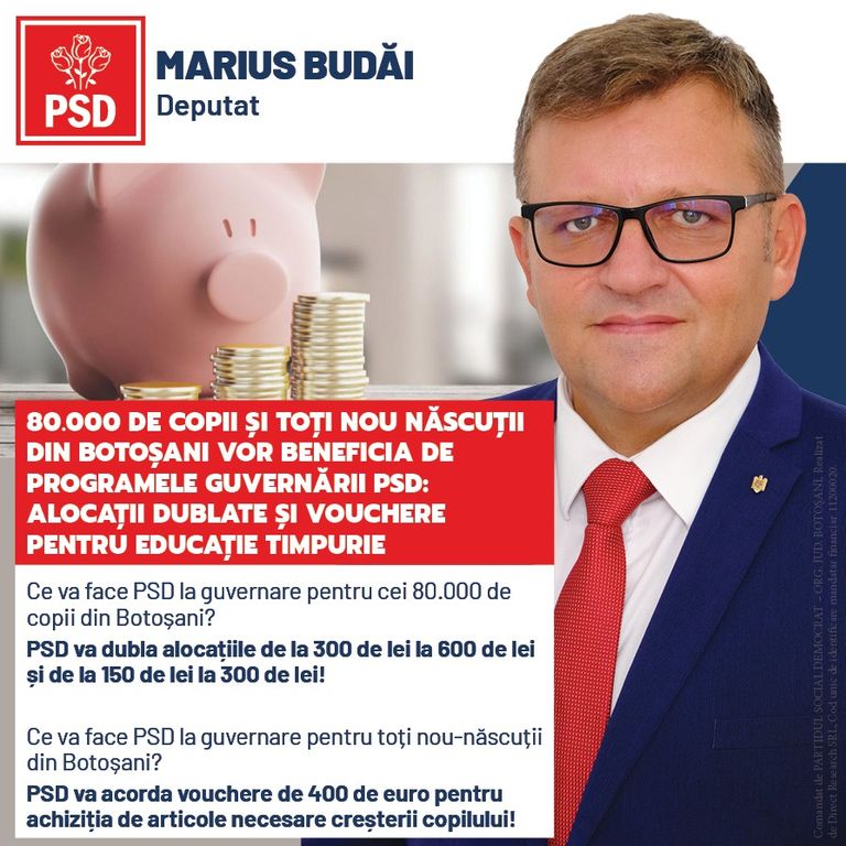 Comunicat PSD: Marius Budăi, deputat PSD: „80.000 de copii și toți nou născuți din Botoșani vor beneficia de programele guvernării PSD: alocații dublate și vouchere pentru educație”