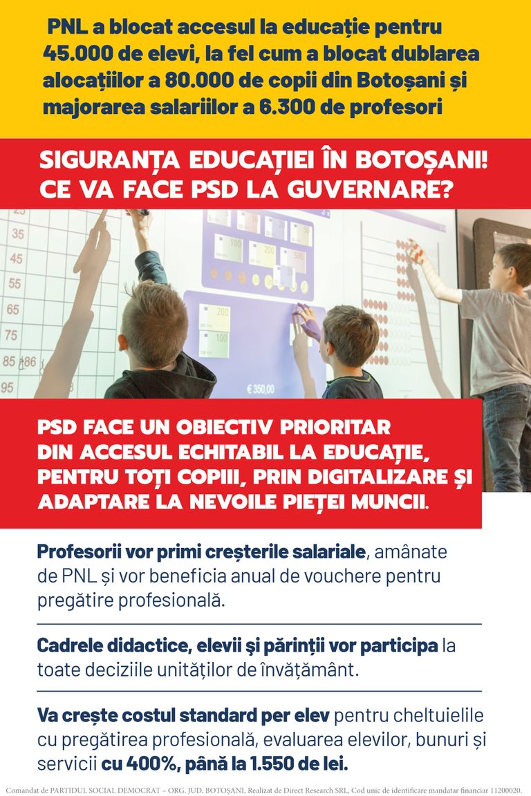 Comunicat PSD: PNL a blocat accesul la educație pentru 45.000 de elevi, la fel cum a blocat dublarea alocațiilor a 80.000 de copii din Botoșani și majorarea salariilor a 6.300 de profesori