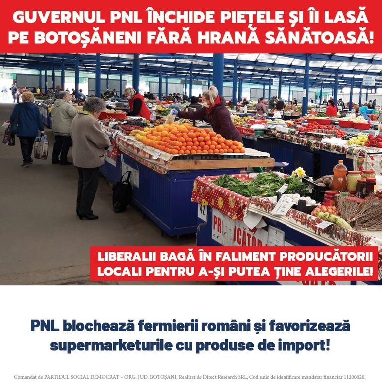 Comunicat: PSD vine cu soluții la incompetența liberalilor care au dat ordin de închidere a piețelor lăsând botoșănenii fără alimente proaspete și producătorii locali în faliment