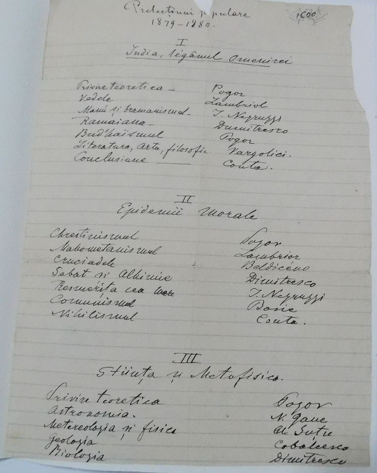 Din Patrimoniul Memorialului Ipotești – manuscrisul lui I. Negruzzi: Prelecțiunile populare pentru 1879-1880
