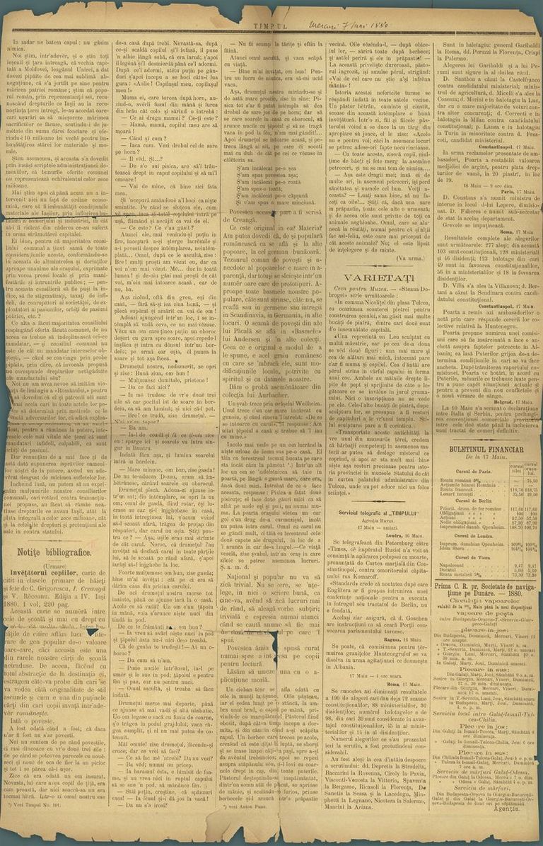 Din Patrimoniul Memorialului Ipotești – „Timpul” din 7 mai 1880