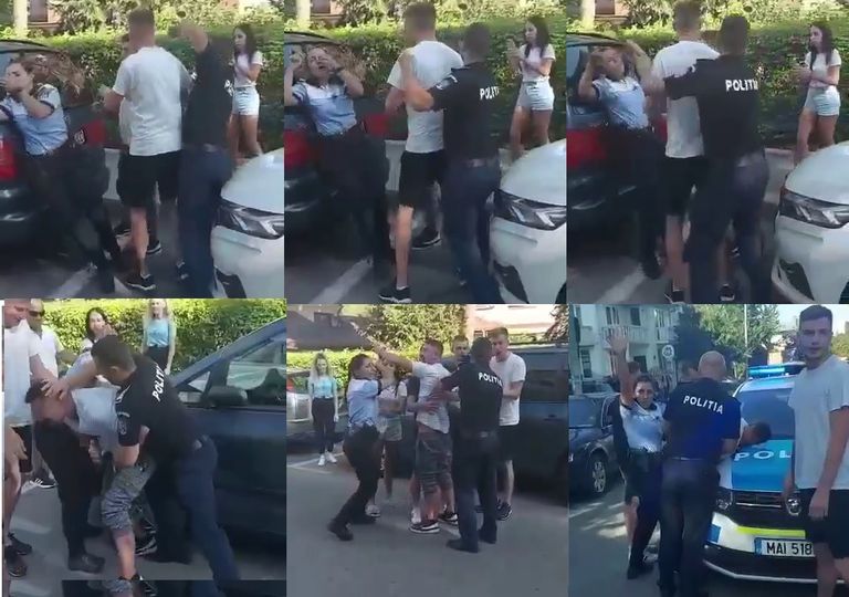Poliţişti ridiculizaţi de mai mulţi tineri băuţi: s-au chinuit cinci minute să încătuşeze un bărbat (video)