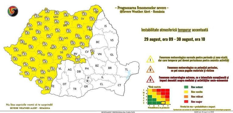 Cod galben de instabilitate atmosferică pentru județul Botoșani