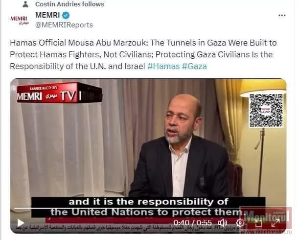 Un oficial Hamas declară public că nu protejează civilii din Gaza: „Protejarea civililor din Gaza este responsabilitatea ONU și a Israelului”