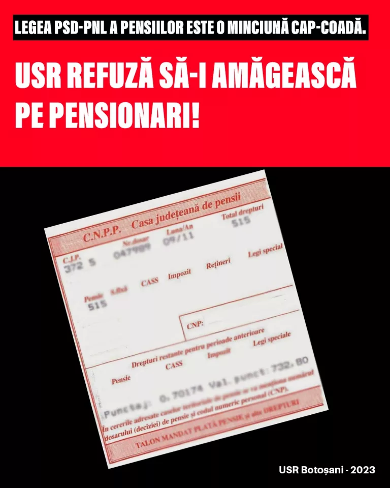 Comunicat de presă USR- Cătălin Drulă: Legea PSD-PNL a pensiilor este o minciună cap-coadă. USR refuză să-i amăgească pe pensionari