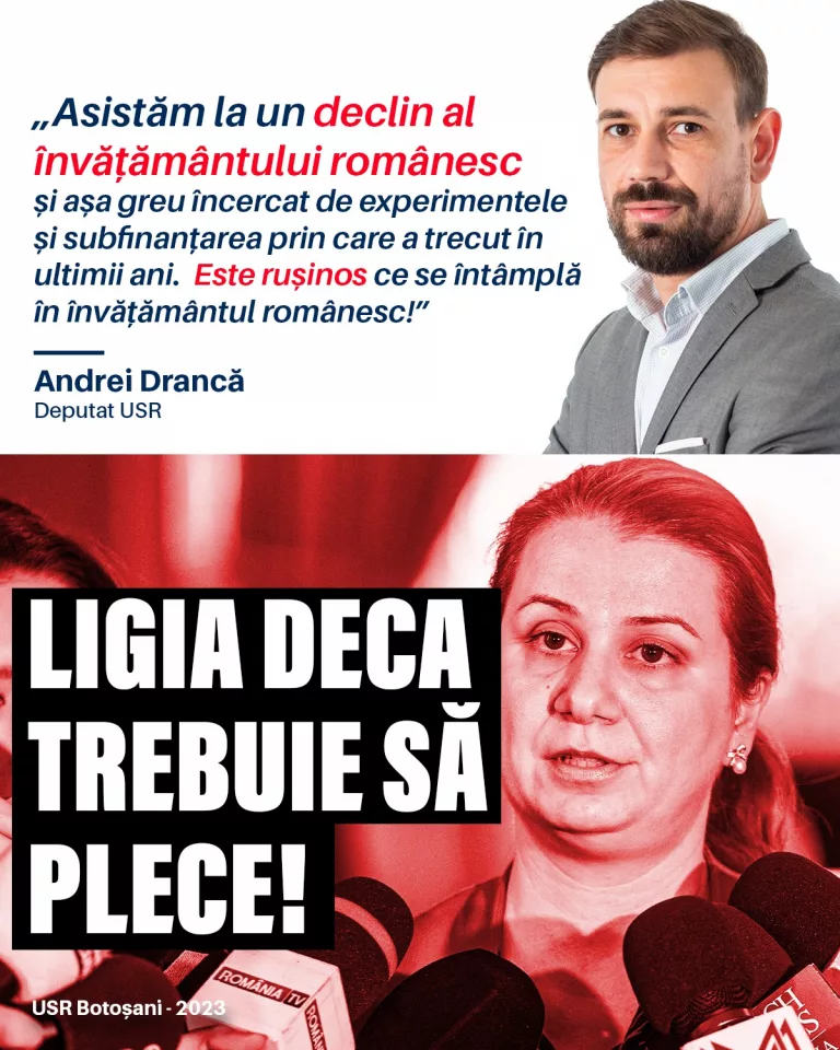 Comunicat de presă – Deputatul Andrei Drancă: USR și Forța Dreptei cer demisia ministrului Educației, Ligia Deca!