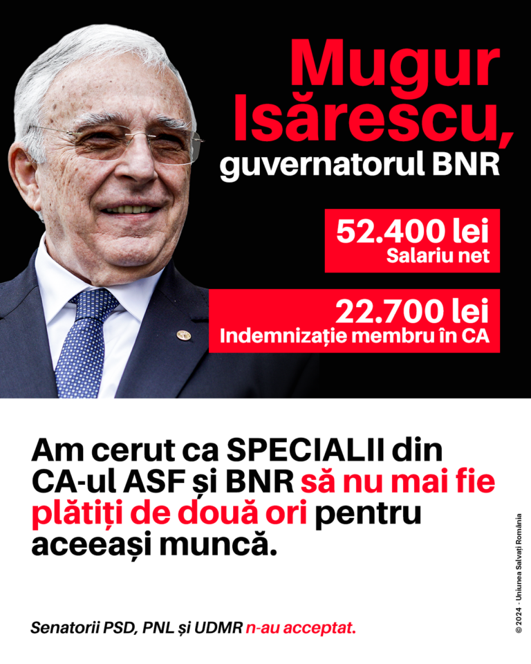Comunicat de presă USR – Șefii de la ASF și BNR sunt plătiți de două ori pentru aceeași muncă, iar coaliția PSD – PNL se opune corectării unor astfel de inepții