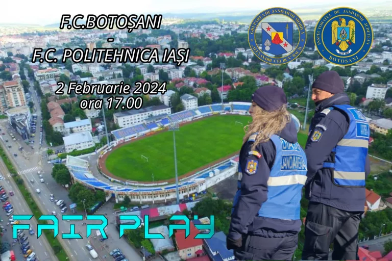 Măsuri de ordine publică asigurate de jandarmi la meciul dintre FC Botoșani și Poli Iași