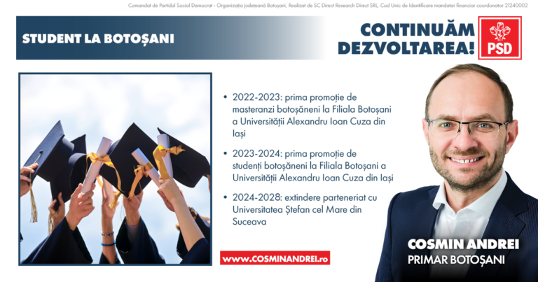 Cosmin Andrei anunță extinderea programului „Student la Botoșani” de la Universitatea A.I Cuza cu noi secții ale Universității Ștefan cel Mare din Suceava (video) (publicitate)