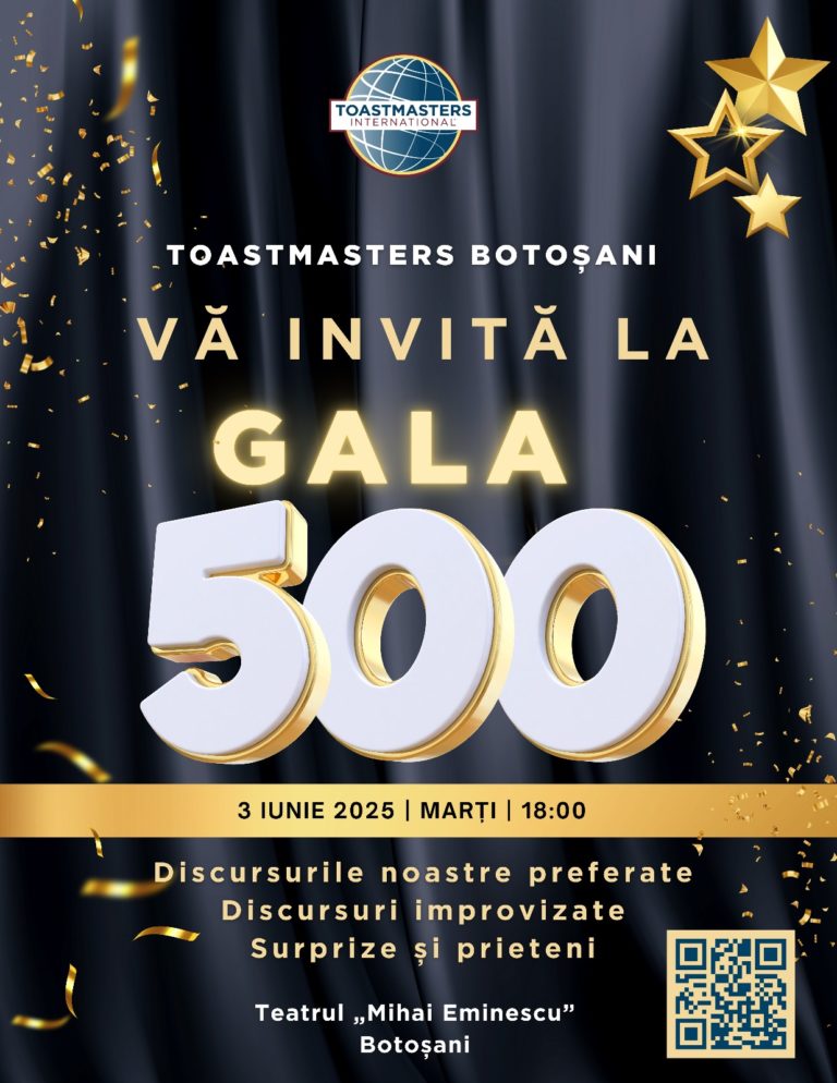 Toastmasters Botoșani celebrează „Gala 500” la Teatrul „Mihai Eminescu”
