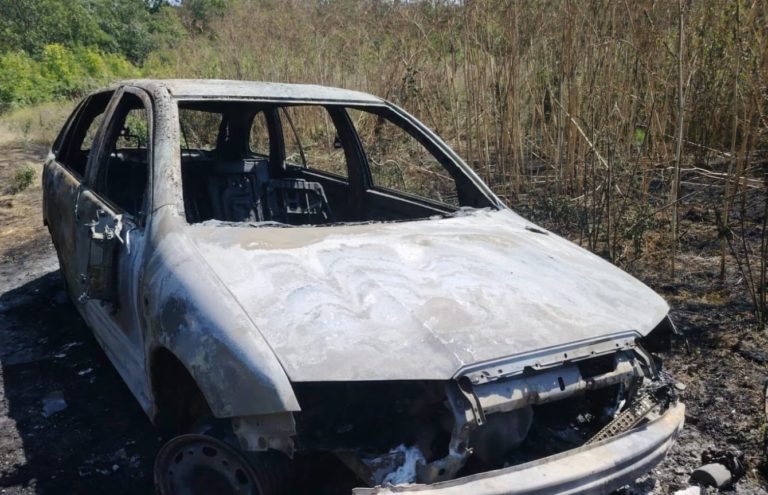 Mașină mistuită de flăcări la marginea unei păduri. Pericol evitat de silvicultori