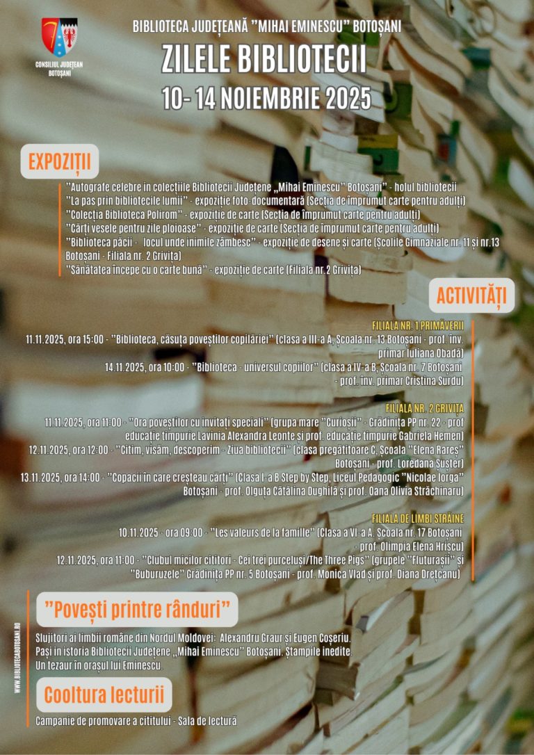Biblioteca Județeană „Mihai Eminescu” Botoșani marchează 143 de ani de lectură publică prin Zilele Bibliotecii